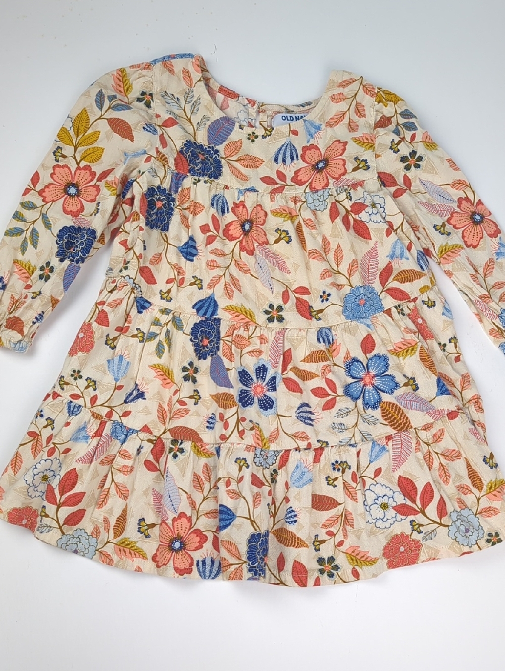 Little Girls 3T Cream Floral Tiered Long-Sleeve Kids Dress